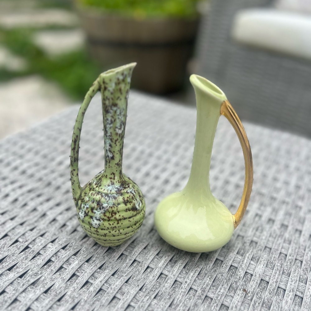 Pair of Vintage Miniature Ceramic Pitcher Vases Green Speckled Pale Yellow Gold